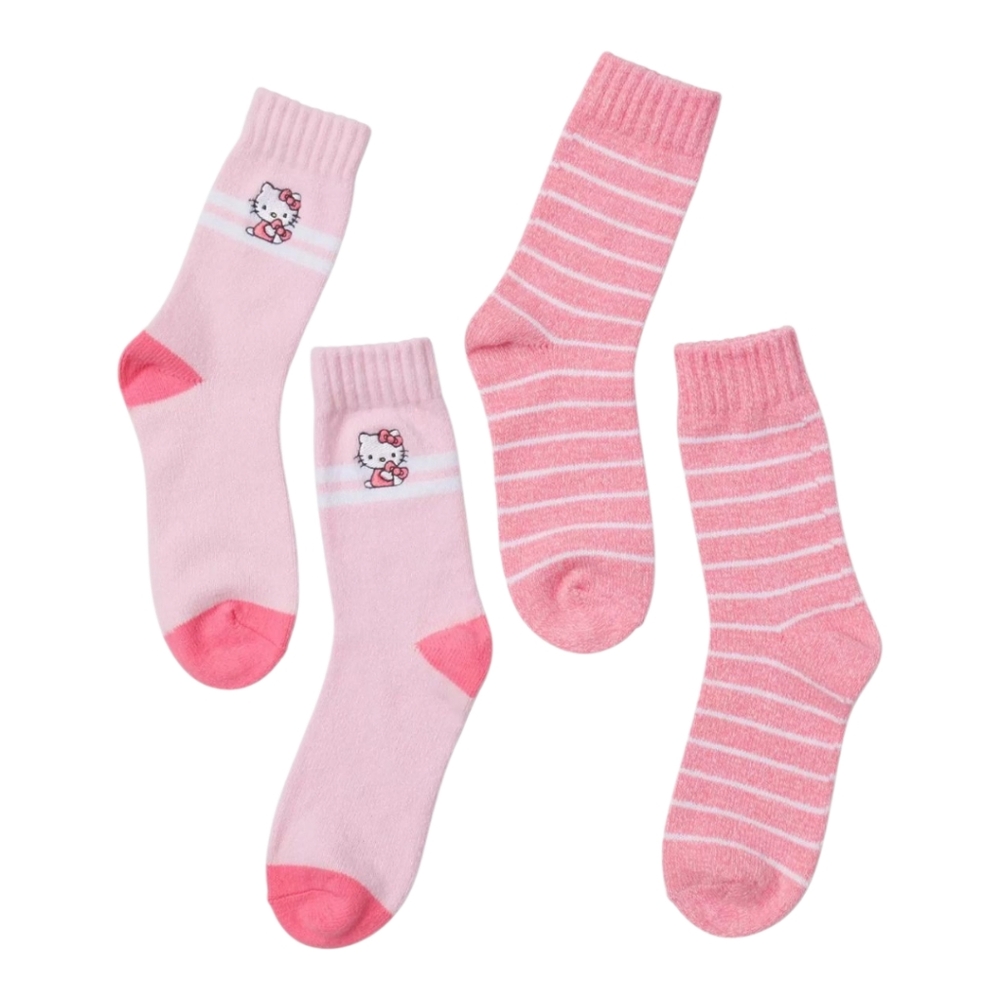 NWT Sanrio Hello Kitty Pink Stripe Cozy Crew Socks – 2 Pair Set - Picture 1 of 8